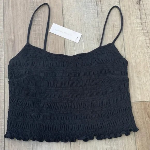 NWT REBECCA TAYLOR Black Tank Crinkle crop top | Medium - smocked cami - Picture 3 of 10